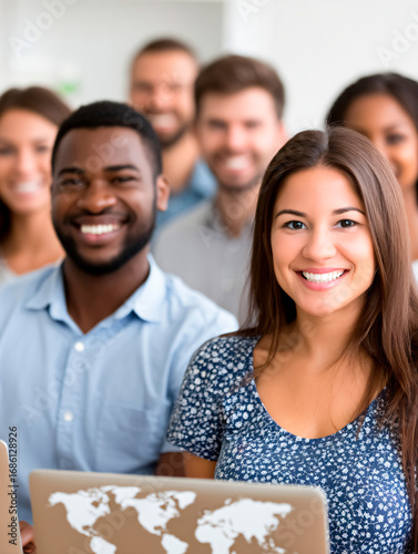Happy group with laptops, teamwork and digital access