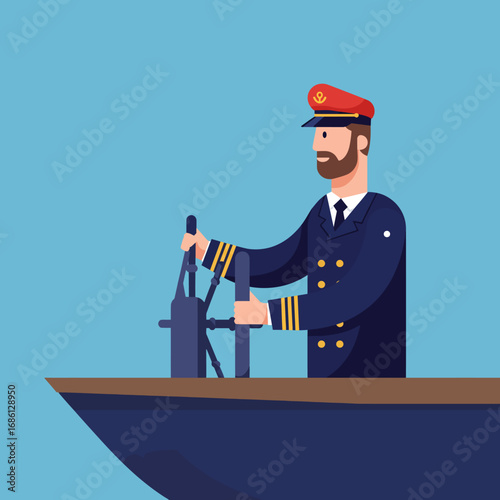 A captain steering a boat, showcasing maritime leadership and navigation.