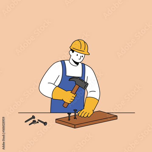 A worker in a hard hat hammers nails into a wooden board, showcasing construction activity.