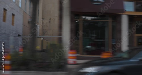 Background Plate Downtown City Driving Passing Buildings and Cars Late Evening