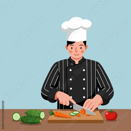A chef in a kitchen slicing vegetables on a cutting board.