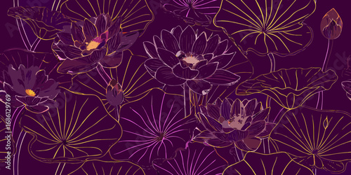 Elegant dark purple lotus flowers and lily pads with golden and pink outlines in a seamless pattern
