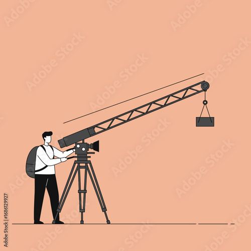 A person operating a camera crane for filming.