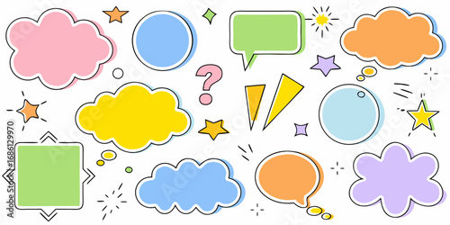Collection of colorful cartoon speech bubbles and thought bubbles with stars and geometric shapes
