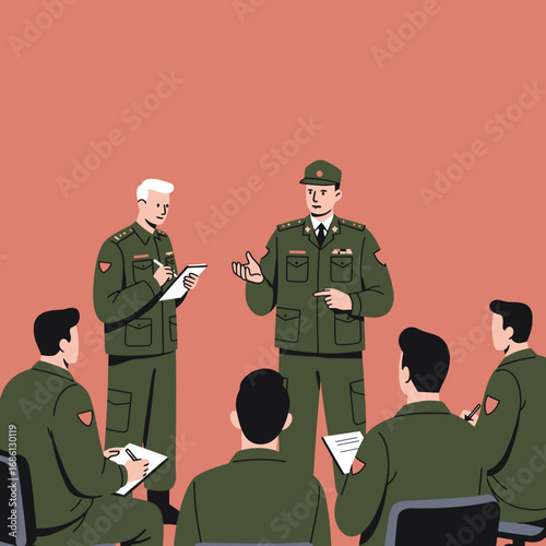 A military briefing with officers discussing strategies in a formal setting.