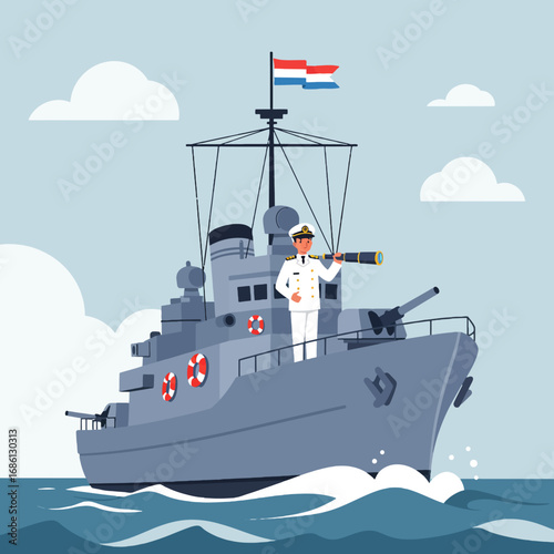 A naval ship with a captain observing through a telescope at sea.