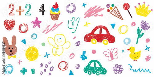 Collection of colorful hand drawn children s drawings and doodles on a white background
