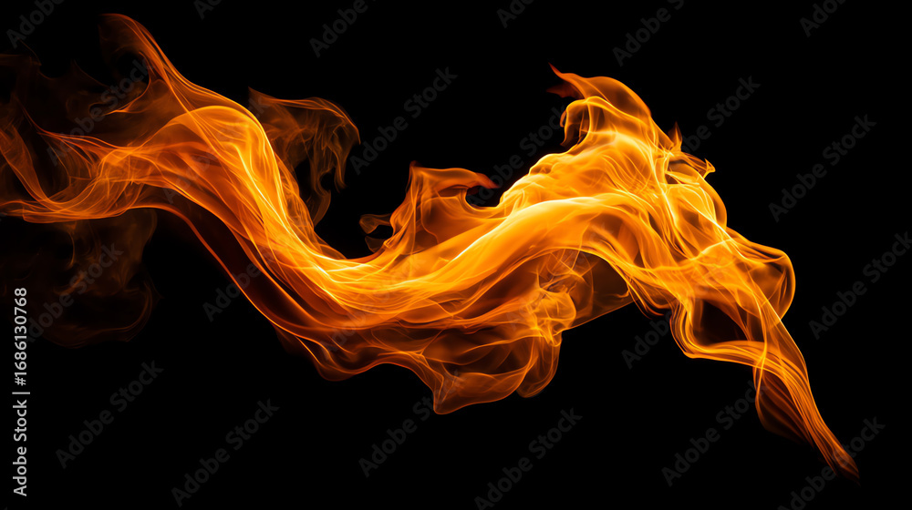 Fototapeta premium Bright orange flames swirl and dance against a black background, creating dynamic shapes and intense heat with vivid, flowing fire patterns