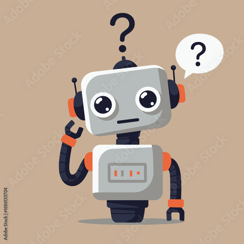 A cartoon robot with a questioning expression and a speech bubble.