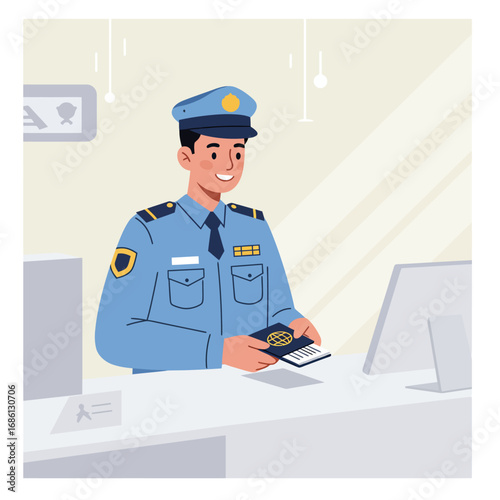 A smiling police officer at a counter holding a passport, ready to assist.