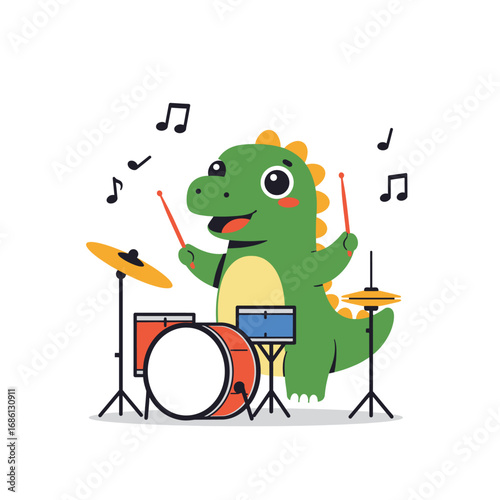 A cheerful green dinosaur playing drums with musical notes around.