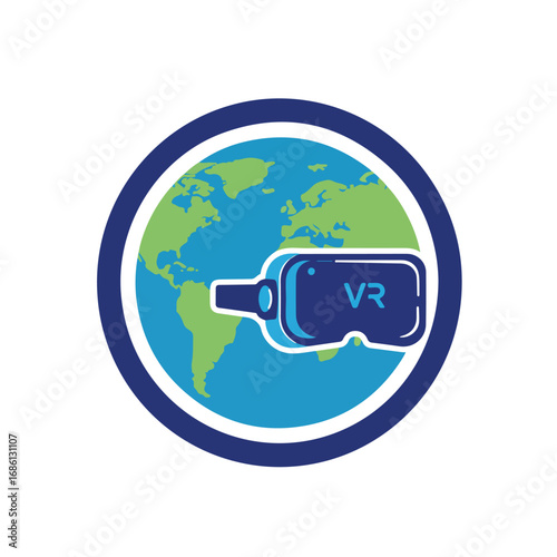 A logo featuring a world globe with a VR headset overlay The word VR is inside the headset