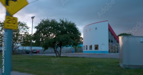 Background Plate Industrial Zone Residential City Driving Turning Right Late Evening