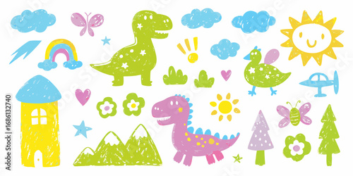 Collection of colorful crayon style drawings of dinosaurs sun clouds rainbow house trees flowers butterflies and airplane for kids