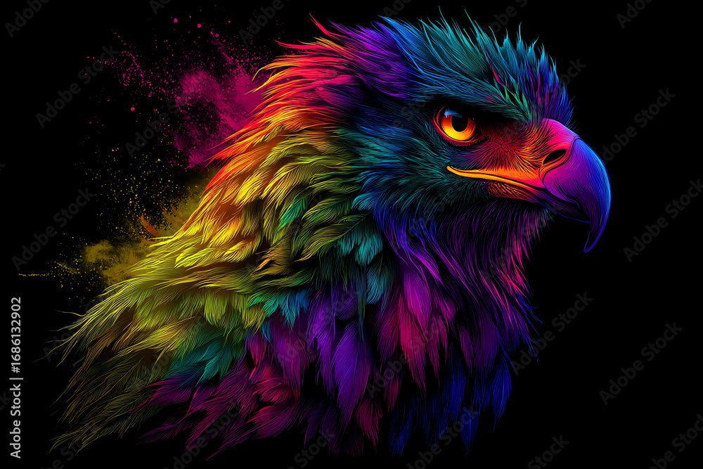 Fototapeta premium Vivid digital art of an eagle’s head with detailed feathers glowing in neon colors against a black background, blending realism with vibrant fantasy hues