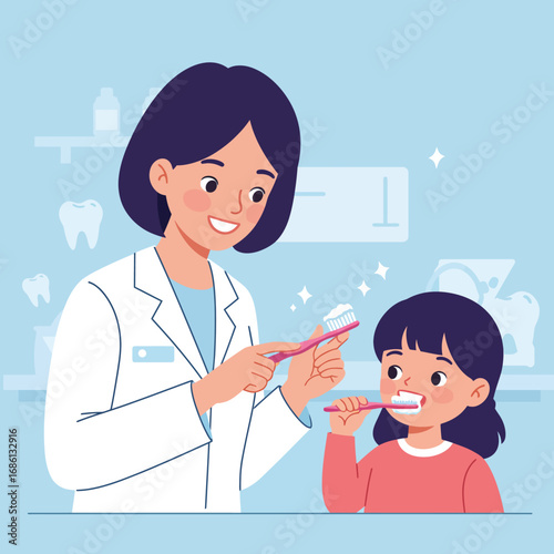 A dentist teaches a child proper tooth brushing techniques in a cheerful setting.