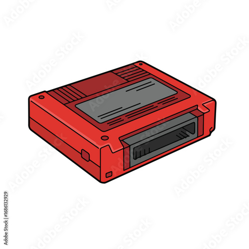 A red retro video game cartridge featuring a black rectangular connector gray panel and rectangular shape