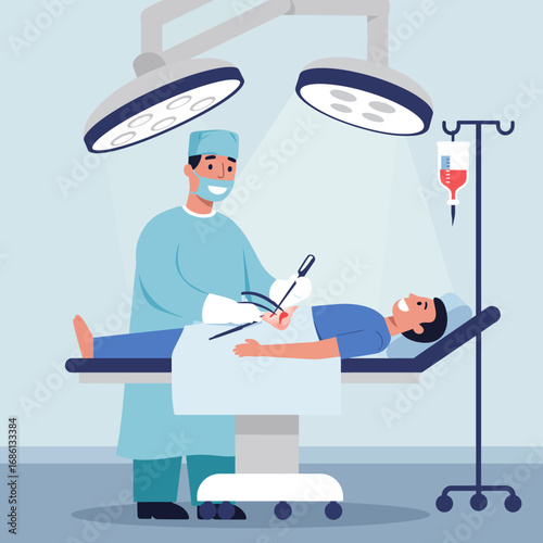 A medical professional performs surgery on a patient in an operating room.