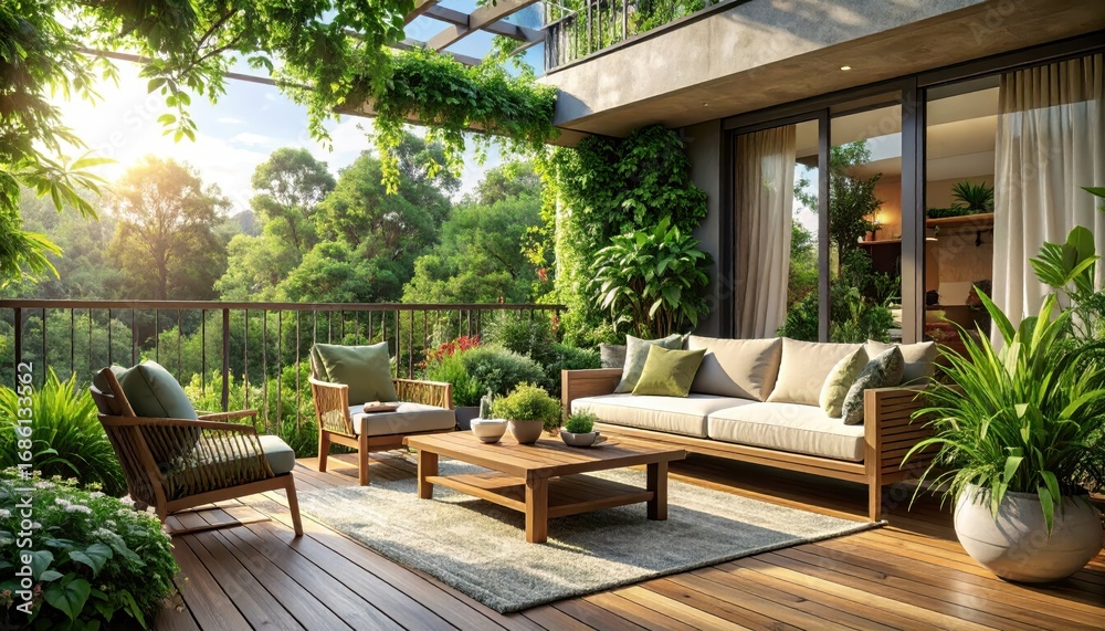 Obraz premium Cozy Outdoor Living Space with Greenery and Natural Light