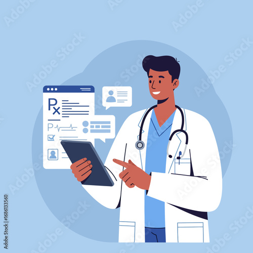 A doctor examining a tablet with medical information and a prescription background.