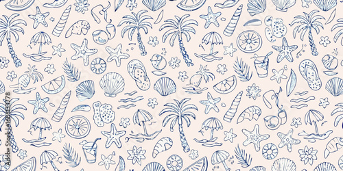 Charming blue line art doodle pattern featuring tropical beach elements like palm trees seashells and starfish on a light background