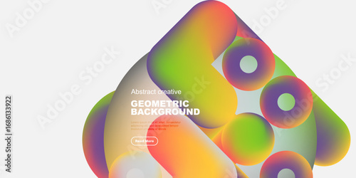 Vibrant geometric shapes overlap, creating colorful abstract background. Text present suggests creative design concept.