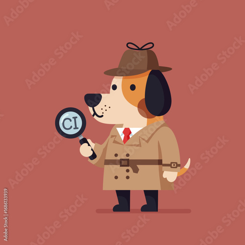 A cartoon dog detective in a trench coat and hat, holding a magnifying glass.