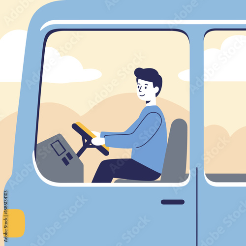 A cheerful person driving a light blue vehicle against a scenic background.