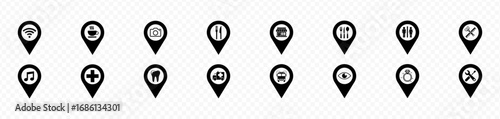 Set pointers, parking, restaurants, hospitals, supermarkets, telephones, stars, terminals, hotels, stations, bicycles, heart, camera house, airplane. Location icon map pin pointer. Navigation pointer 
