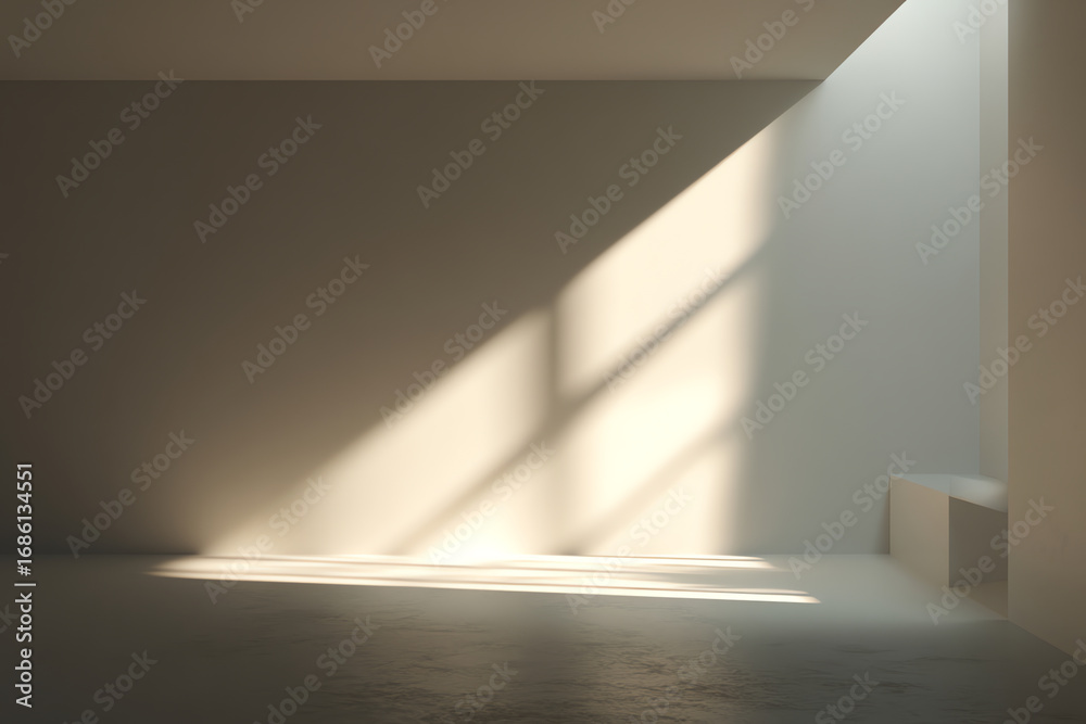 Obraz premium Empty room with sunlight casting window shadows on plain beige walls and floor, featuring a small ledge in the corner, creating a minimalist and serene atmosphere