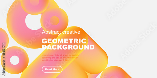 Abstract shapes, vibrant colors, geometric design. Modern presentation with text overlay, button included. Minimalist style.