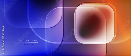 Abstract gradients, rounded squares, flowing lines create modern background design. Blue transitions to orange hues. Minimalist aesthetic.