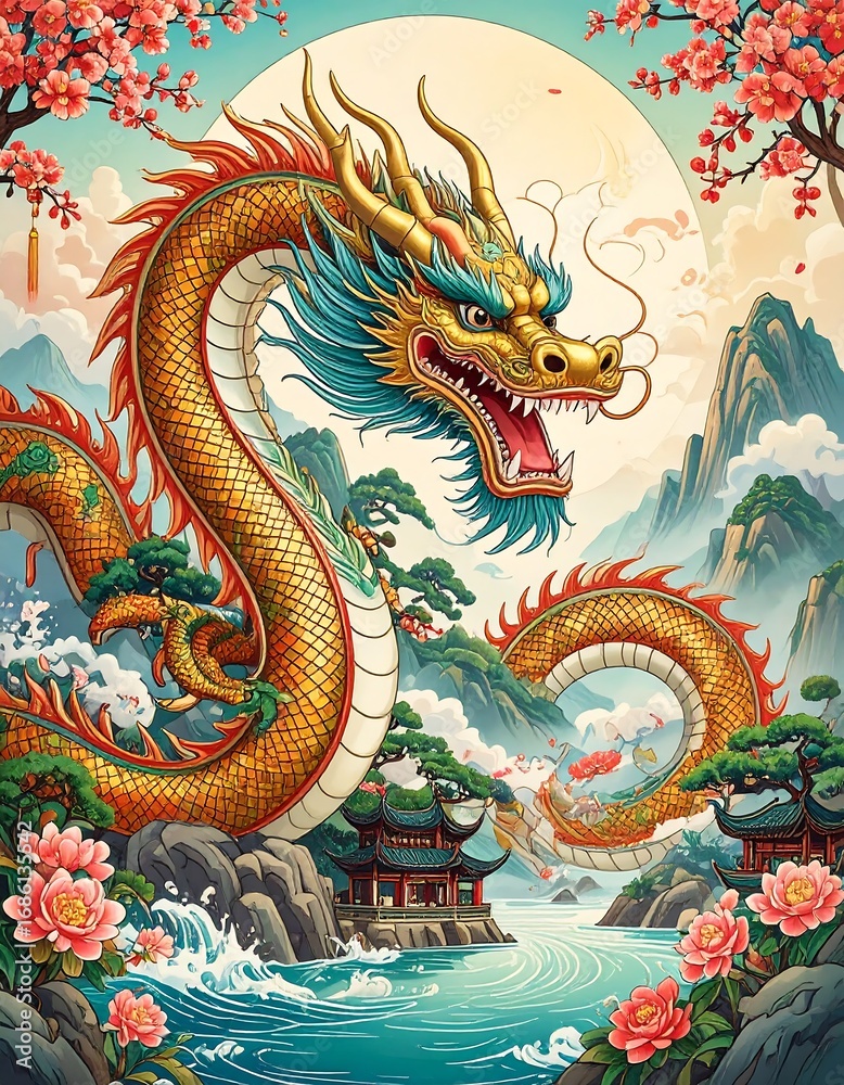 Obraz premium Dragon in a serene Asian landscape