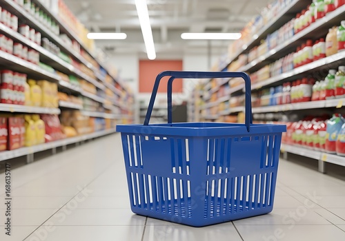 Vibrant Blue Shopping Basket Stands Ready for Grocery Haul in Supermarket Aisle Abundance Awaits