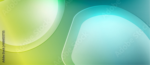 Abstract background features overlapping translucent circles. Colors transition from yellow, green to teal. Soft gradients create smooth visual effect.