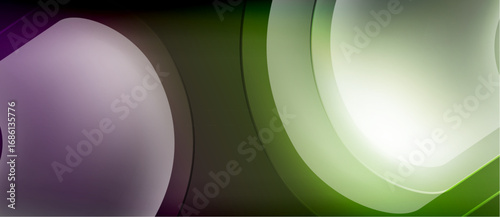 Abstract shapes, gradients, purple, green hues dominate composition. Smooth curves create dynamic visual flow. Minimalist design.