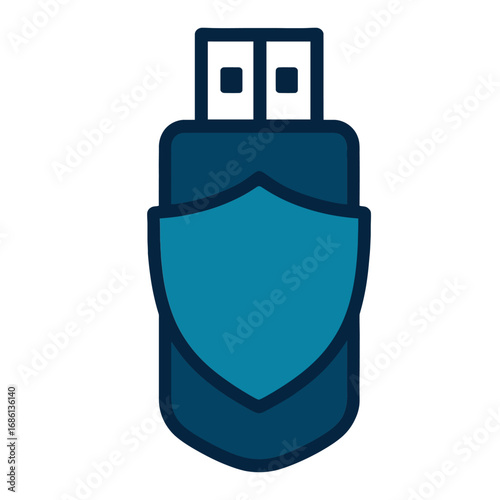 Flat vector illustration of a USB flash drive with a shield, representing data security, information protection, safe storage, and digital privacy in technology.