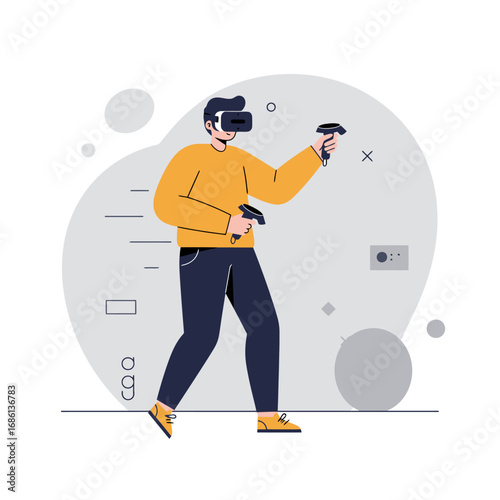 A person using virtual reality equipment while standing and interacting in a digital space.