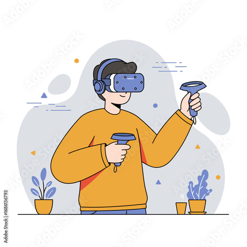 A person wearing a VR headset and holding controllers, engaged in virtual reality gaming.