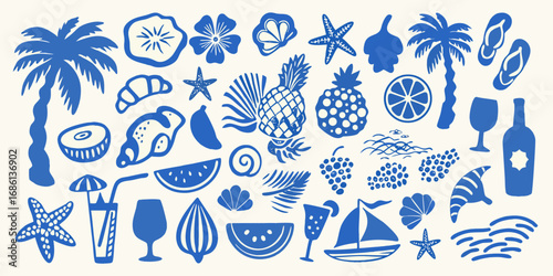 Collection of blue summer vacation icons and elements including palm trees pineapples and beach accessories