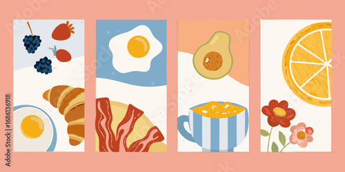Whimsical collection of breakfast foods and flowers in a flat design style