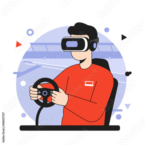 A person using a virtual reality headset while holding a steering wheel.