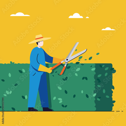 A gardener trimming a hedge with shears against a bright yellow background.