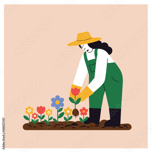 A person gardening, tending to colorful flowers in a sunny environment.