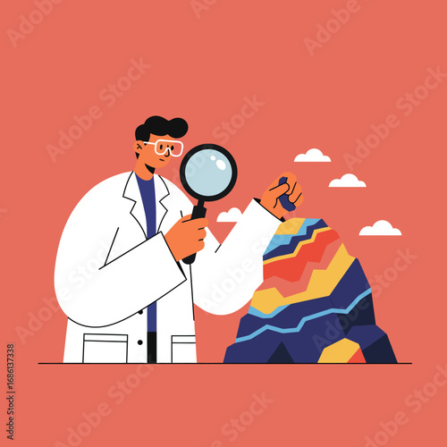 A scientist examines a colorful rock formation with a magnifying glass.