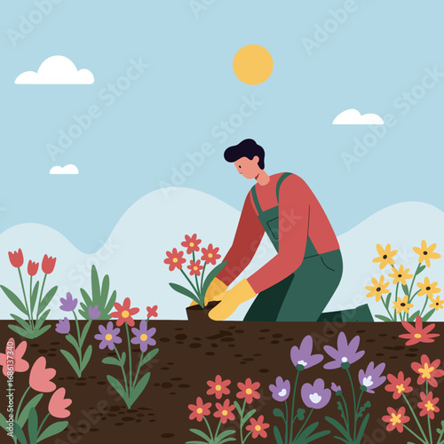 A person planting flowers in a colorful garden under a sunny sky.