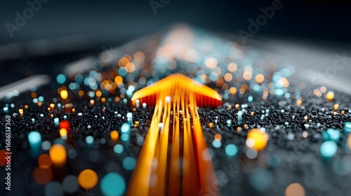 Bright orange arrow speeds forward through a digital landscape of glowing lights and dark particles.
