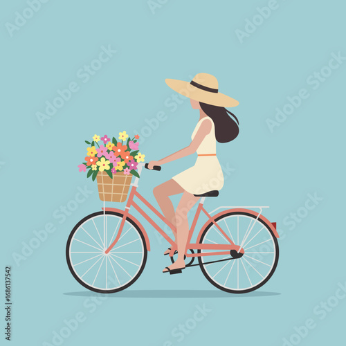 A woman rides a bicycle adorned with flowers, embodying a leisurely lifestyle.