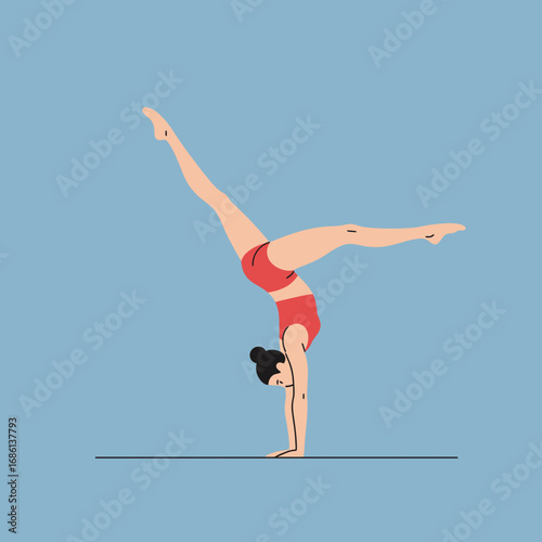 A woman performs a handstand on one hand, showcasing balance and strength in a minimalist style.