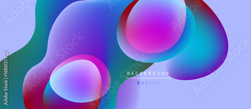 Abstract fluid shapes overlap, creating vibrant color gradients. Purple, teal, pink hues blend seamlessly. Modern design element.